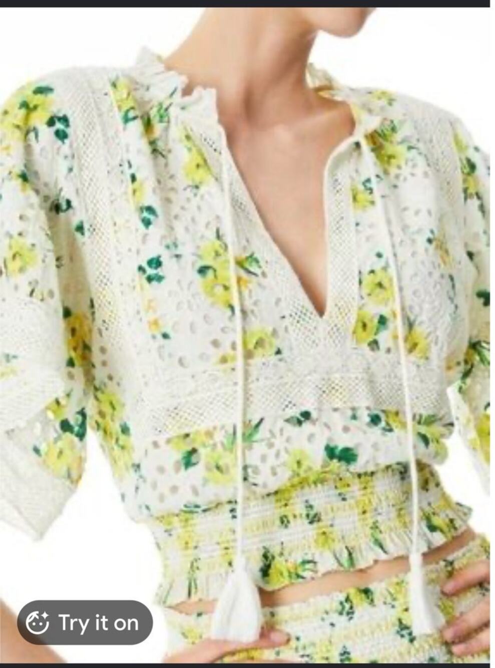 Alice + Olivia Tabitha Smocked Floral Broderie Anglaise Cotton Eyelet Crop Top